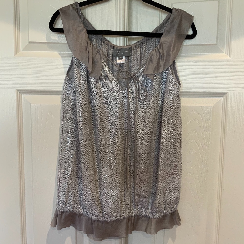 SACHIN + BABI FOR ANKASA SILK, SEQUIN RUFFLE TOP, GREY, SIZE XS